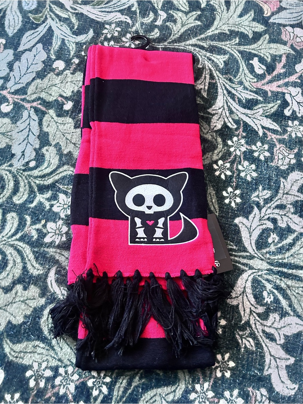 Girls Pink & Black Striped Scarf with Cute Cat Skull Patch